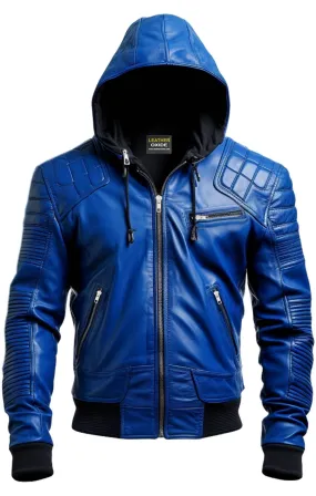 Men Stylish Blue Hooded Leather Jacket