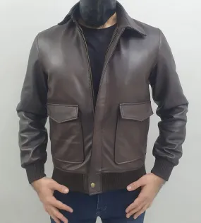 Mens Brown Bomber Aviator Flying Pilot Genuine Leather Jacket