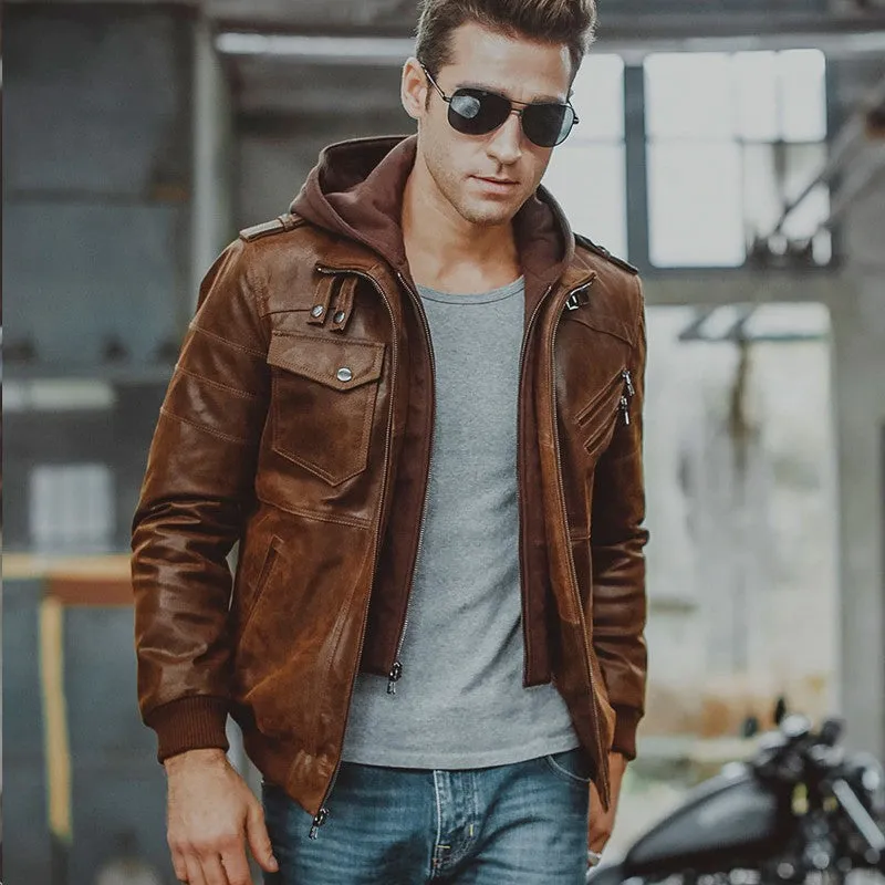 Men’s Brown Motorcycle Bomber Leather Jacket with Removable Hood