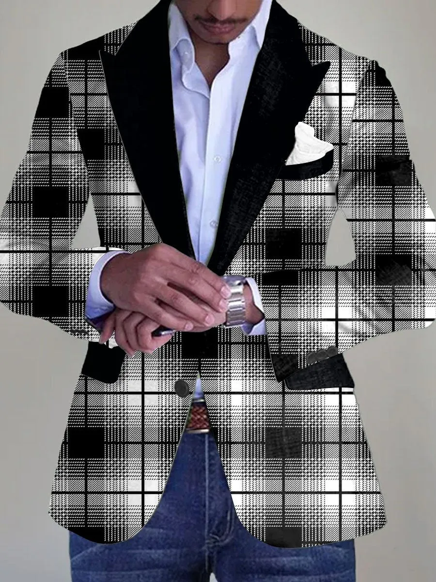 Men's Classic Black And White Plaid Print Single-Breasted Casual Blazer