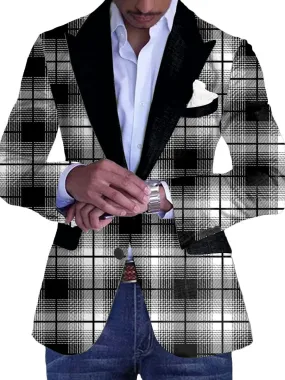 Men's Classic Black And White Plaid Print Single-Breasted Casual Blazer