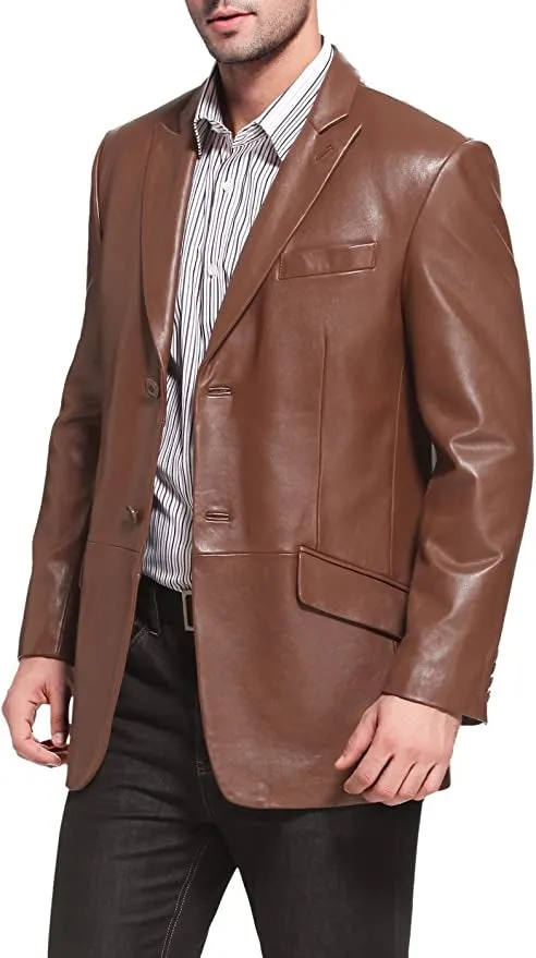 Men’s Classic Two Button Lambskin Brown Leather Blazer TB034