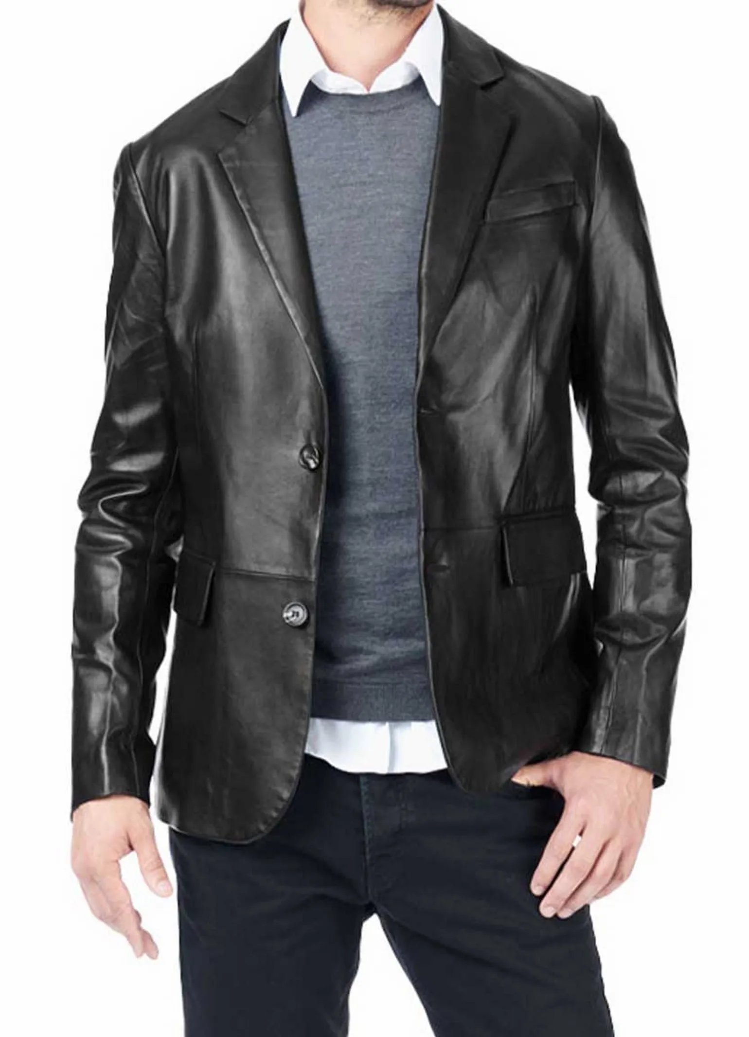 Men's Genuine Leather TWO BUTTON Black Blazer TB022