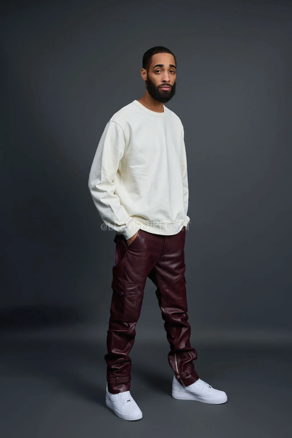 Men's Leather Stack Jean Pants [Burgundy]