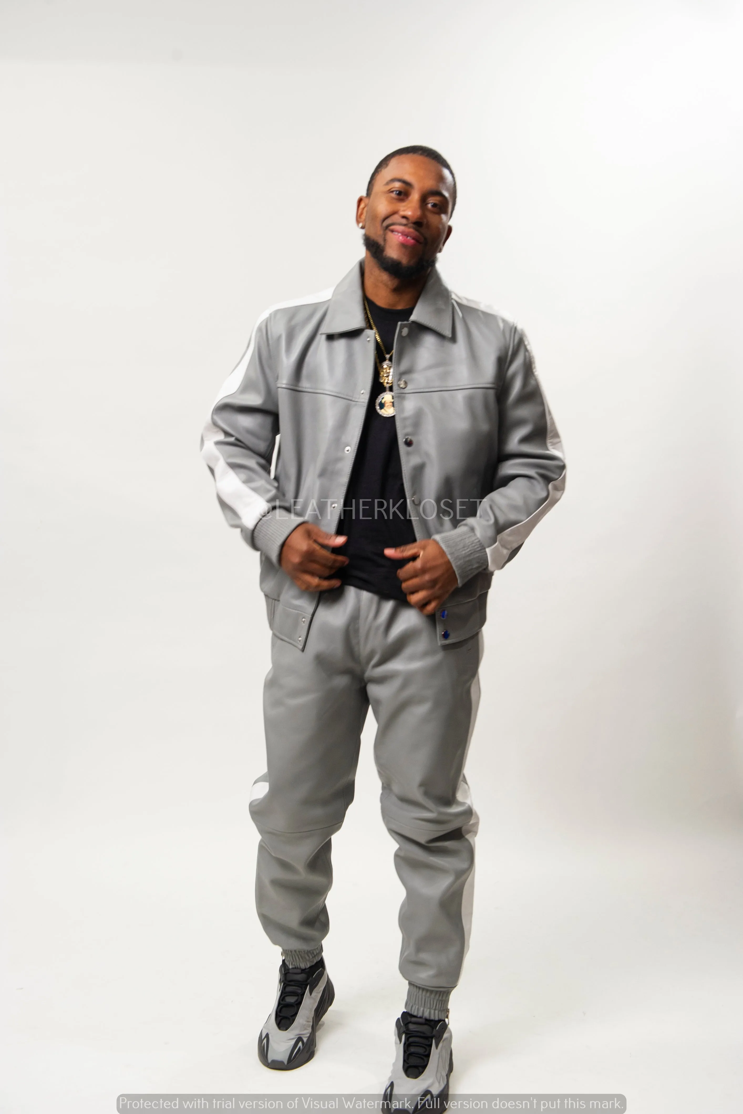 Men's Leather Track Suit Sweatsuit [Gray/White]