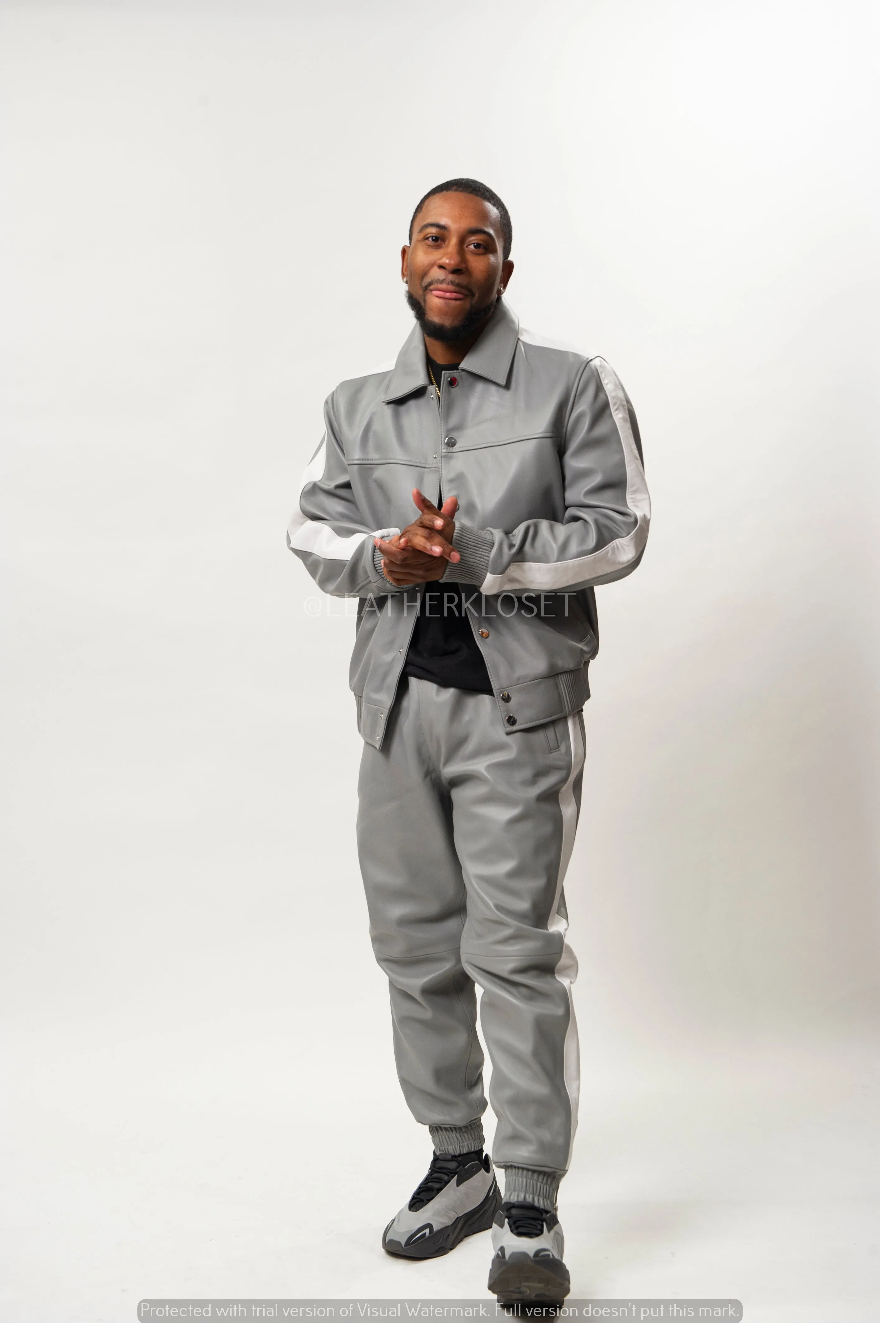 Men's Leather Track Suit Sweatsuit [Gray/White]