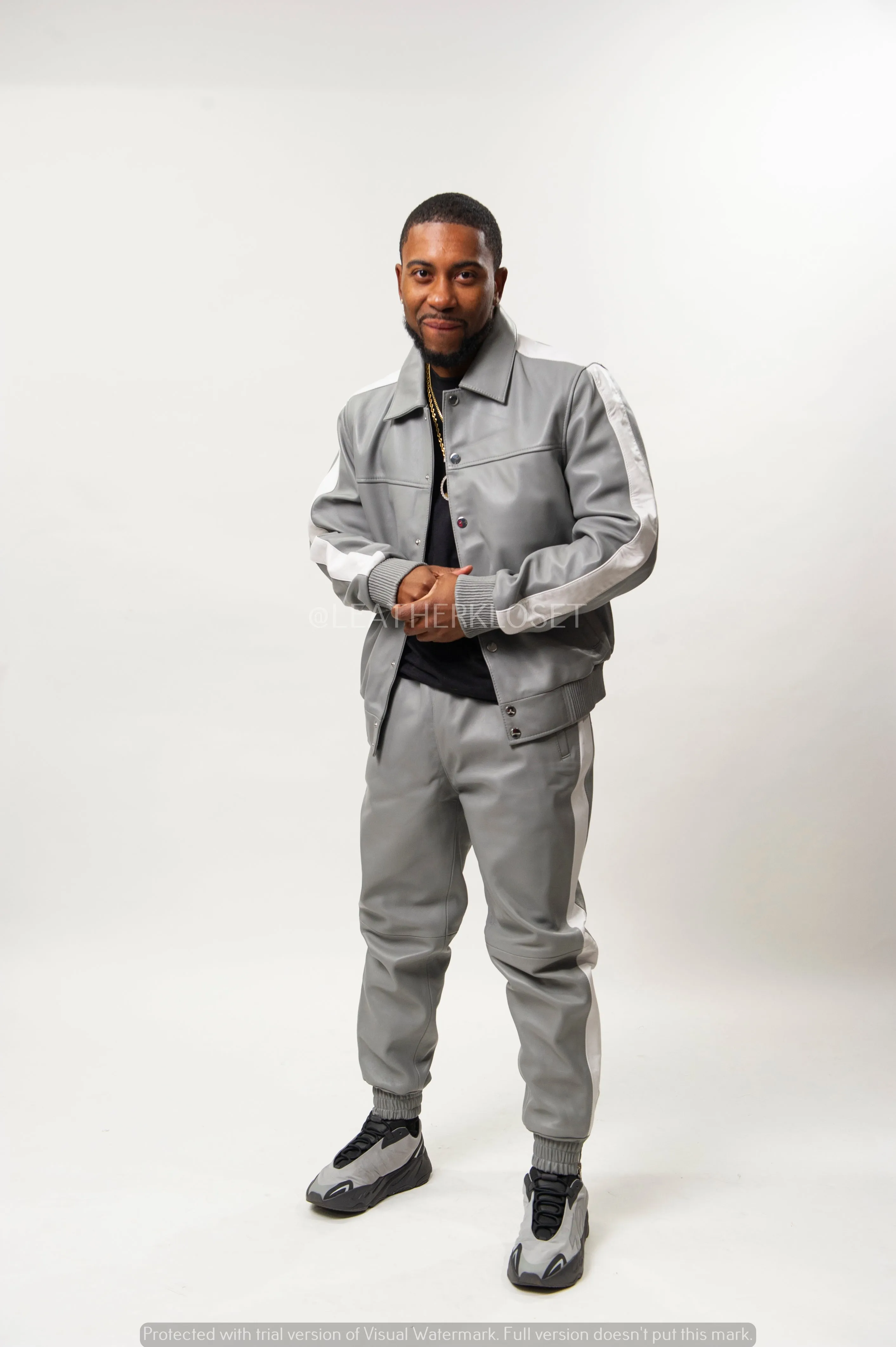 Men's Leather Track Suit Sweatsuit [Gray/White]