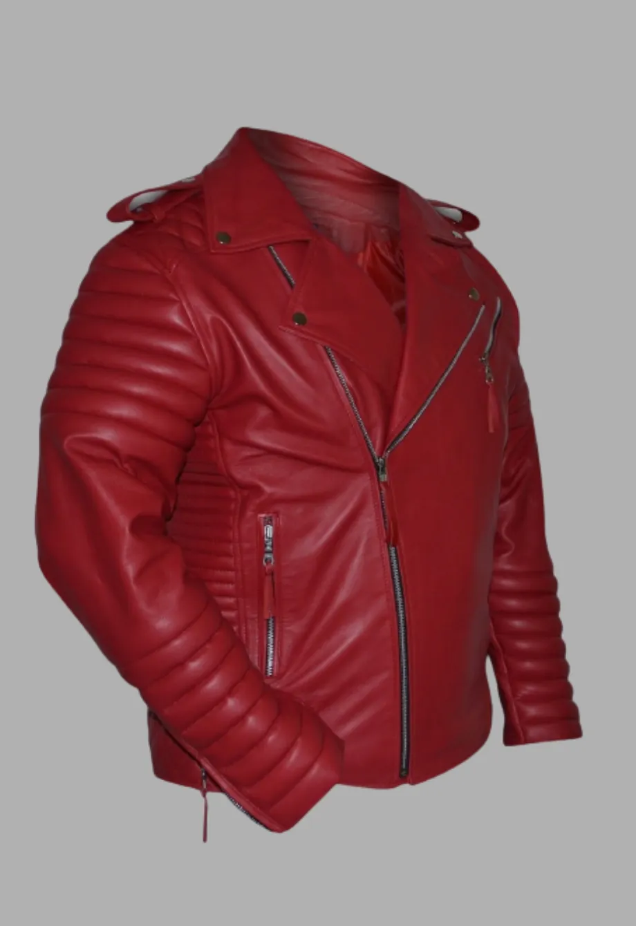 Mens Motorcycle Red Quilted Moto Biker Designer Leather Jacket Man's