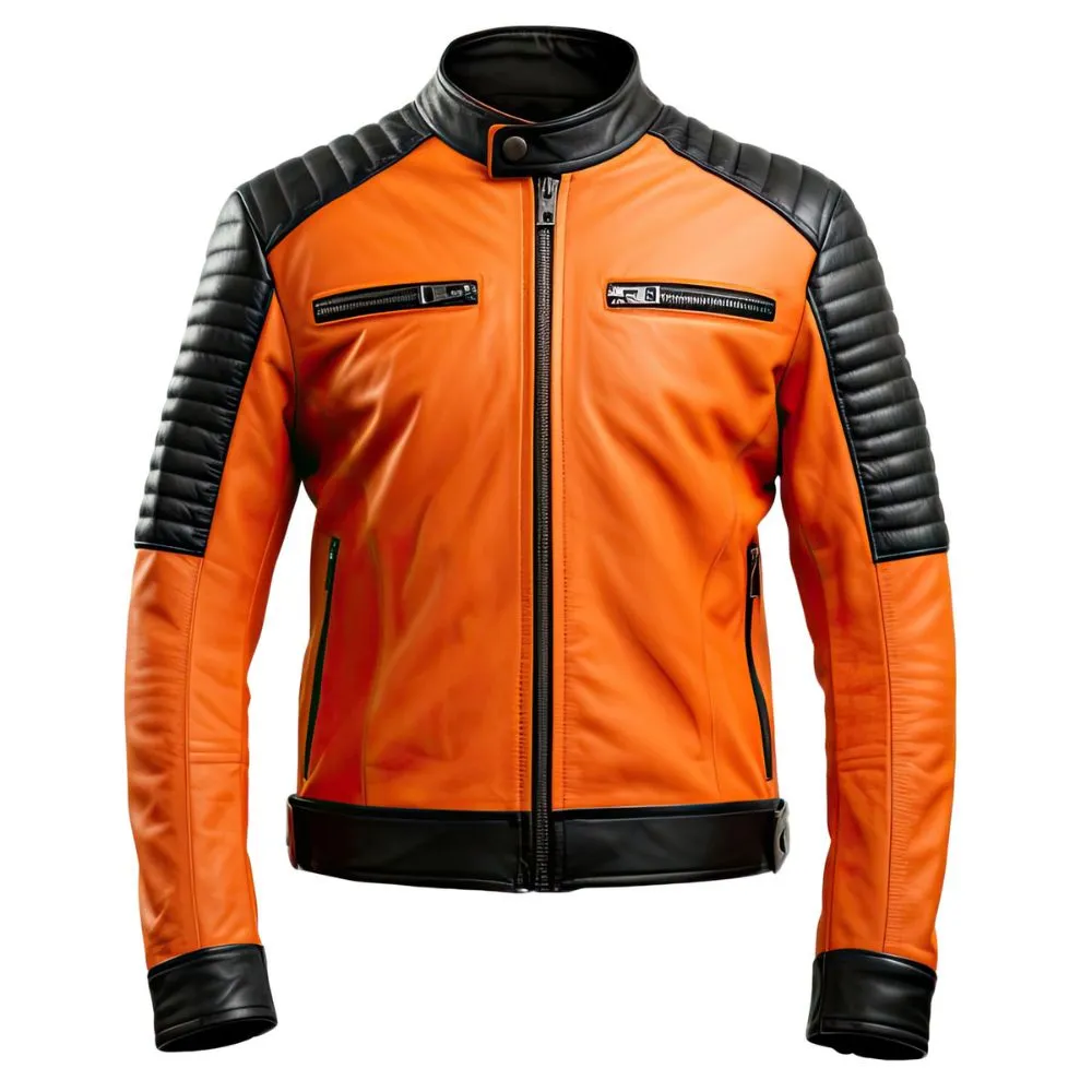 Men's Orange Cafe Racer Quilted Premium Sheepskin Leather Jacket