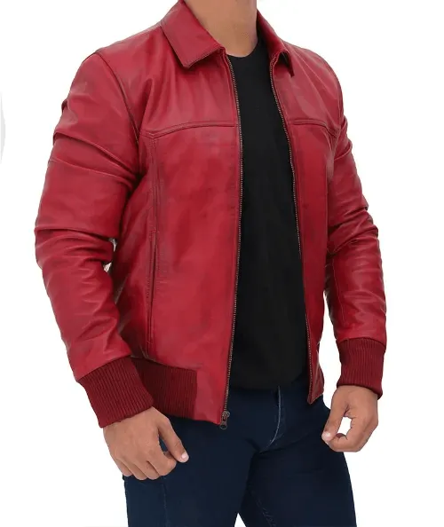 Men's Red Leather Bomber Jacket