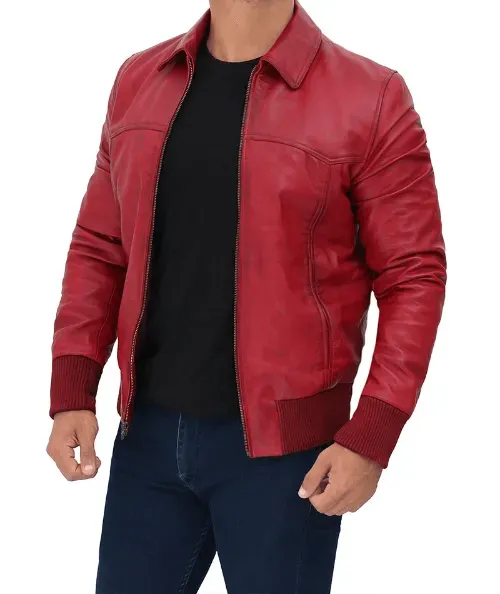 Men's Red Leather Bomber Jacket