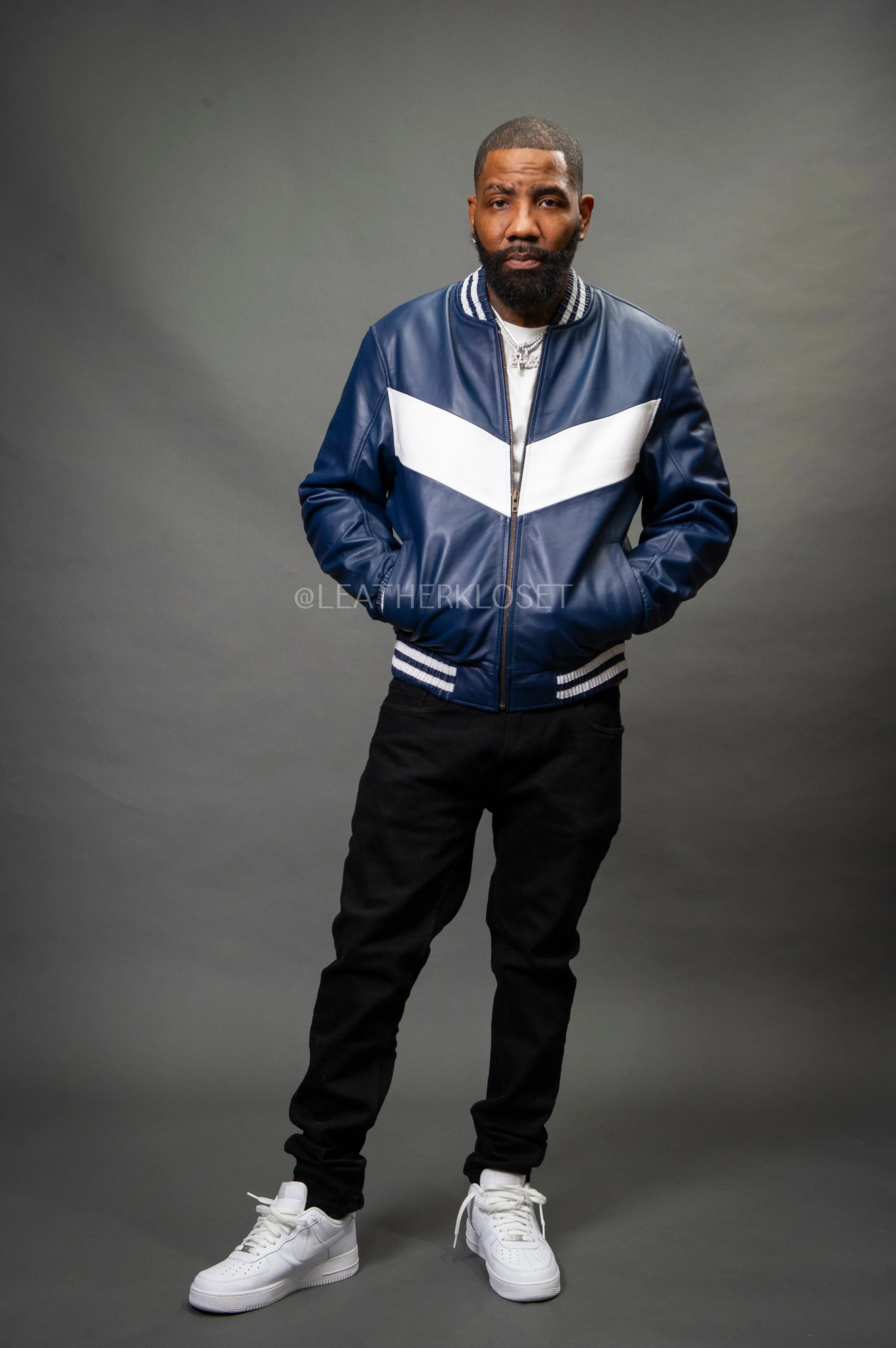 Men's V-Bomber Baseball Jacket [Navy/White]