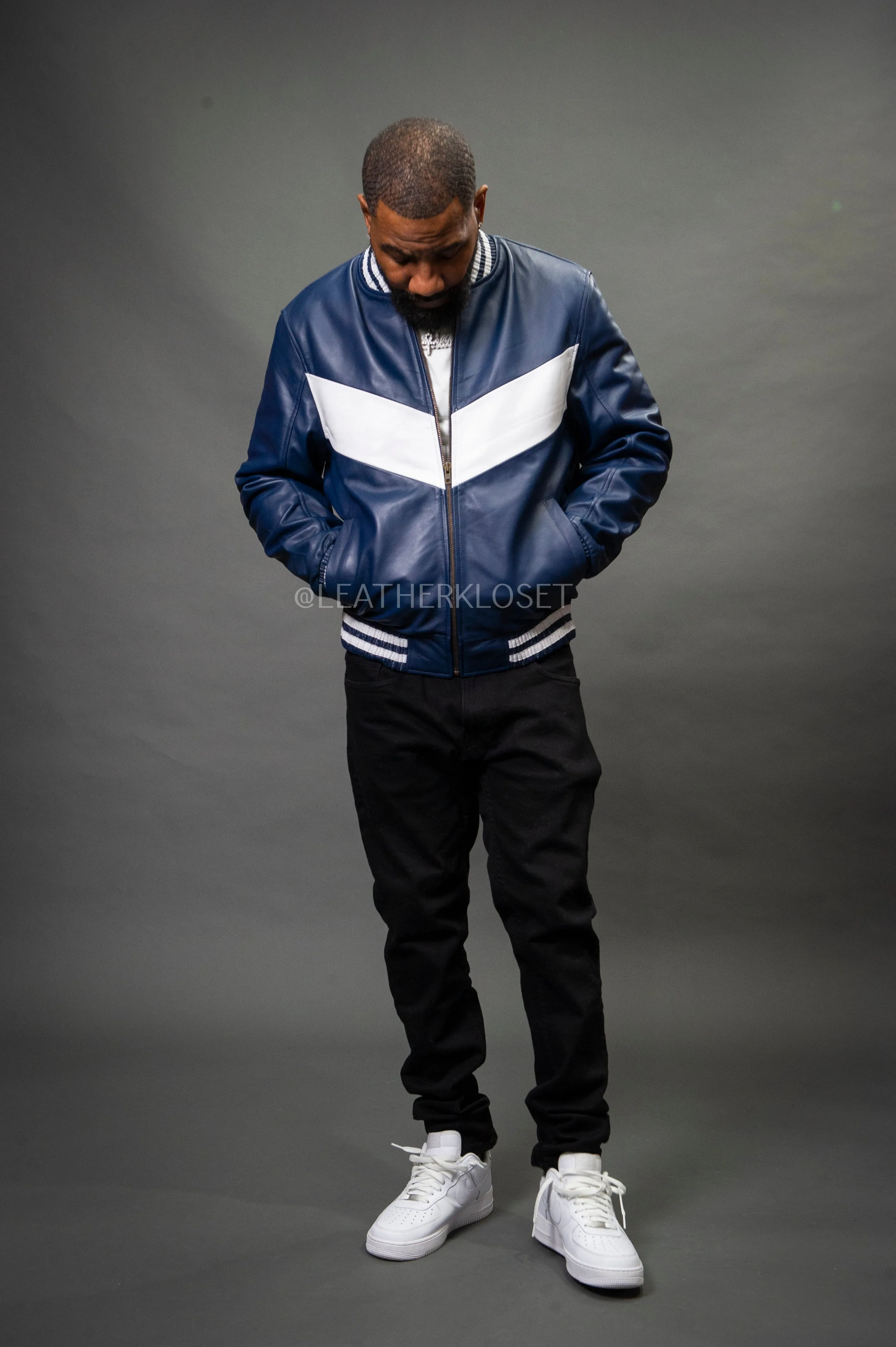 Men's V-Bomber Baseball Jacket [Navy/White]