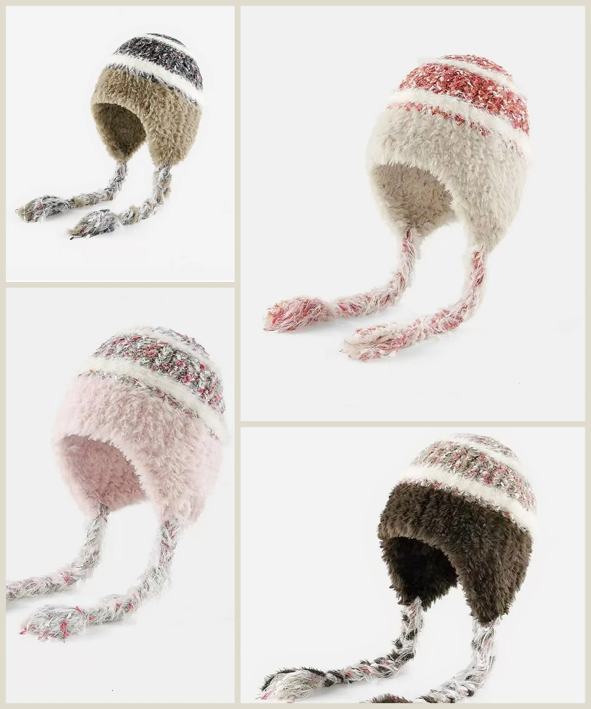 Microfiber Knit Beanie with Colorful Braided Tassels