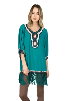 Monoreno Crochet Fringe Tunic - Turquoise