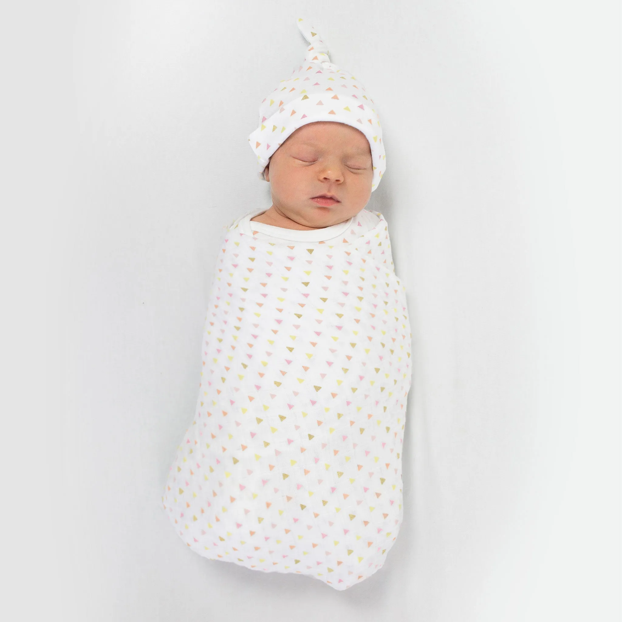 Muslin Swaddle, Pajama Gown and Hat Gift Set - Tiny Triangles, Pinks with a Touch of Gold Shimmer