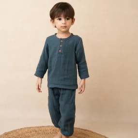 Navy Organic Muslin Long Sleeve Henley Tshirt With Lounge Pant Set