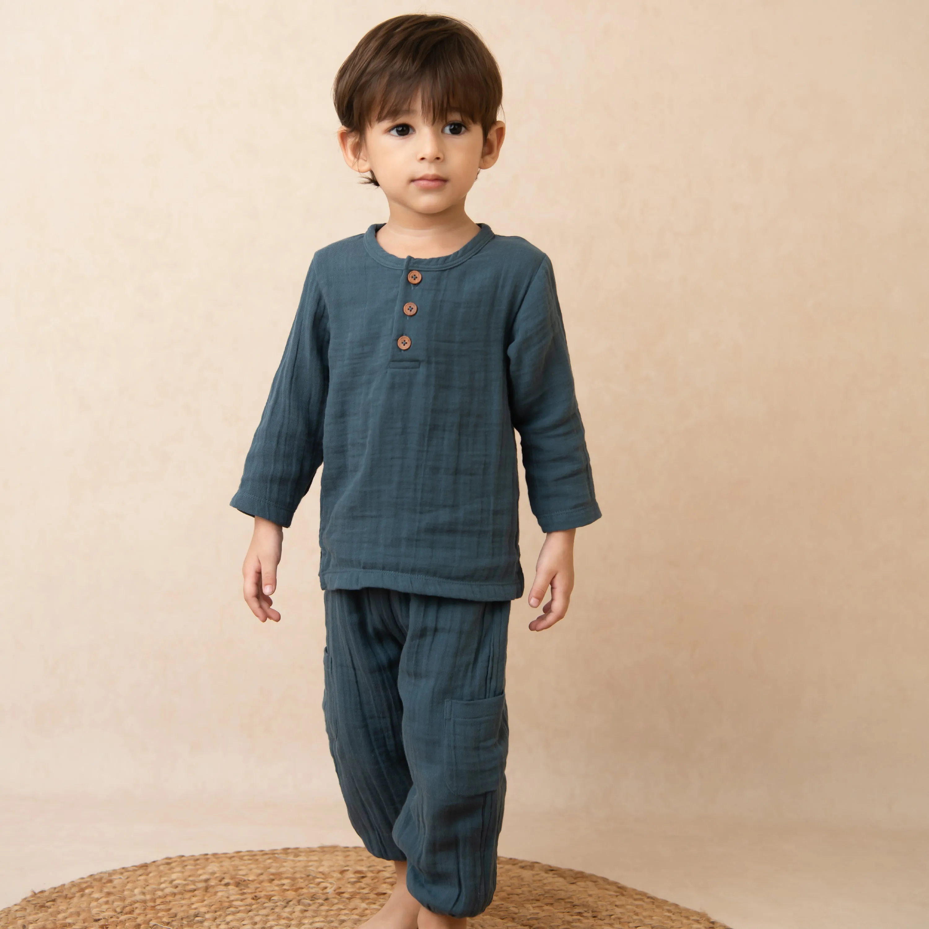 Navy Organic Muslin Long Sleeve Henley Tshirt With Lounge Pant Set