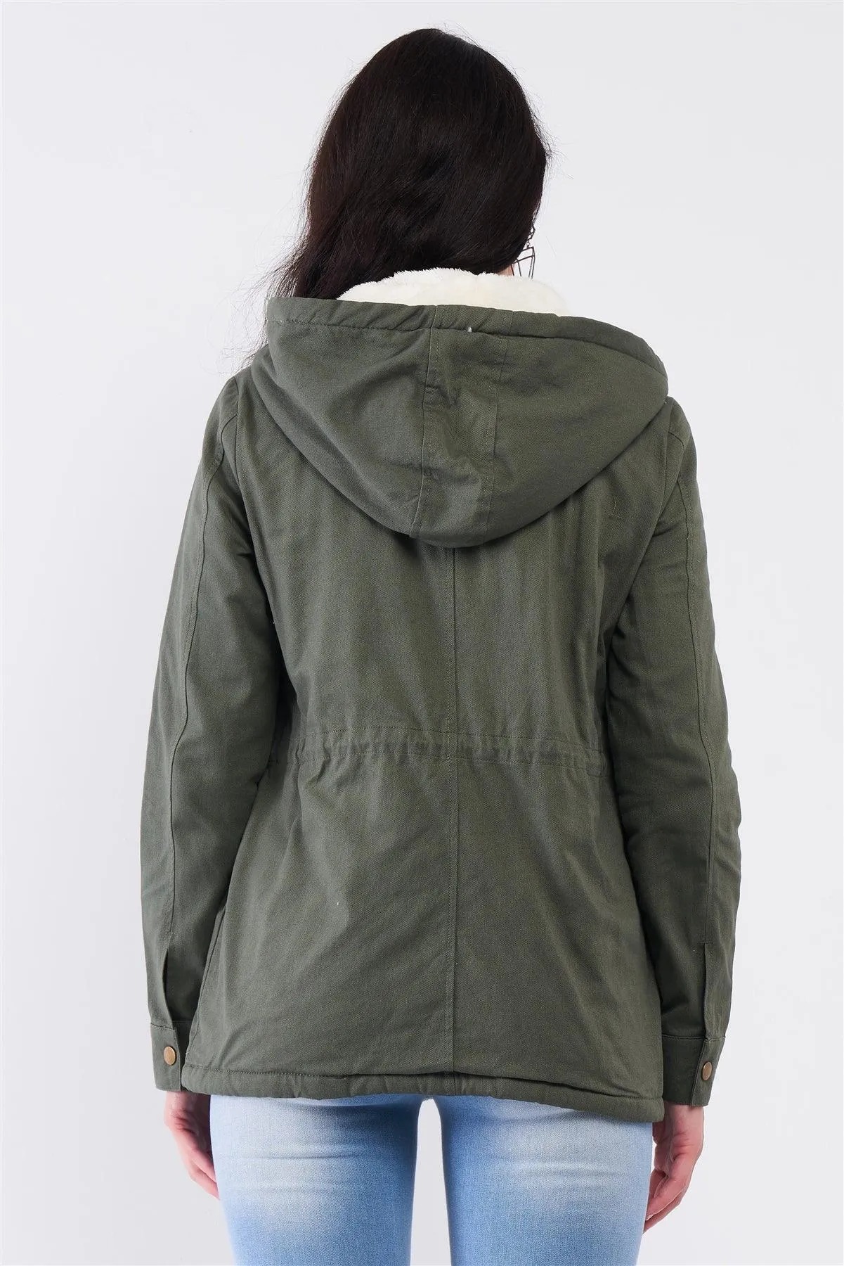 Olive Adjustable Fit Fleece Lining Detachable Hood Detail Zip-Up Utility Jacket /1-1-2-1