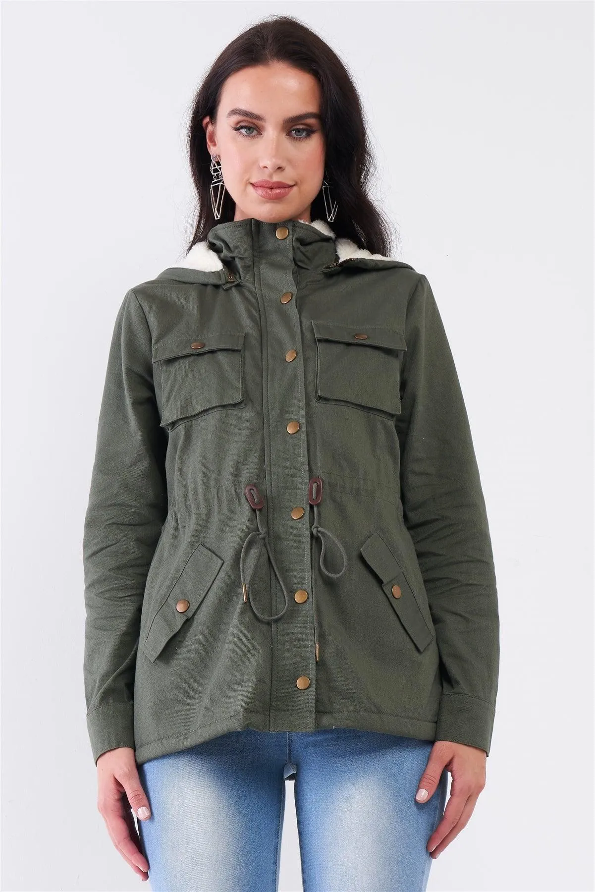 Olive Adjustable Fit Fleece Lining Detachable Hood Detail Zip-Up Utility Jacket /1-1-2-1