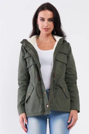 Olive Adjustable Fit Fleece Lining Detachable Hood Detail Zip-Up Utility Jacket /1-1-2-1