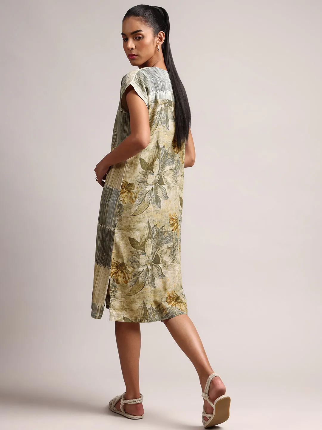 Olive Cotton Linen Floral Shirt Dress Dress