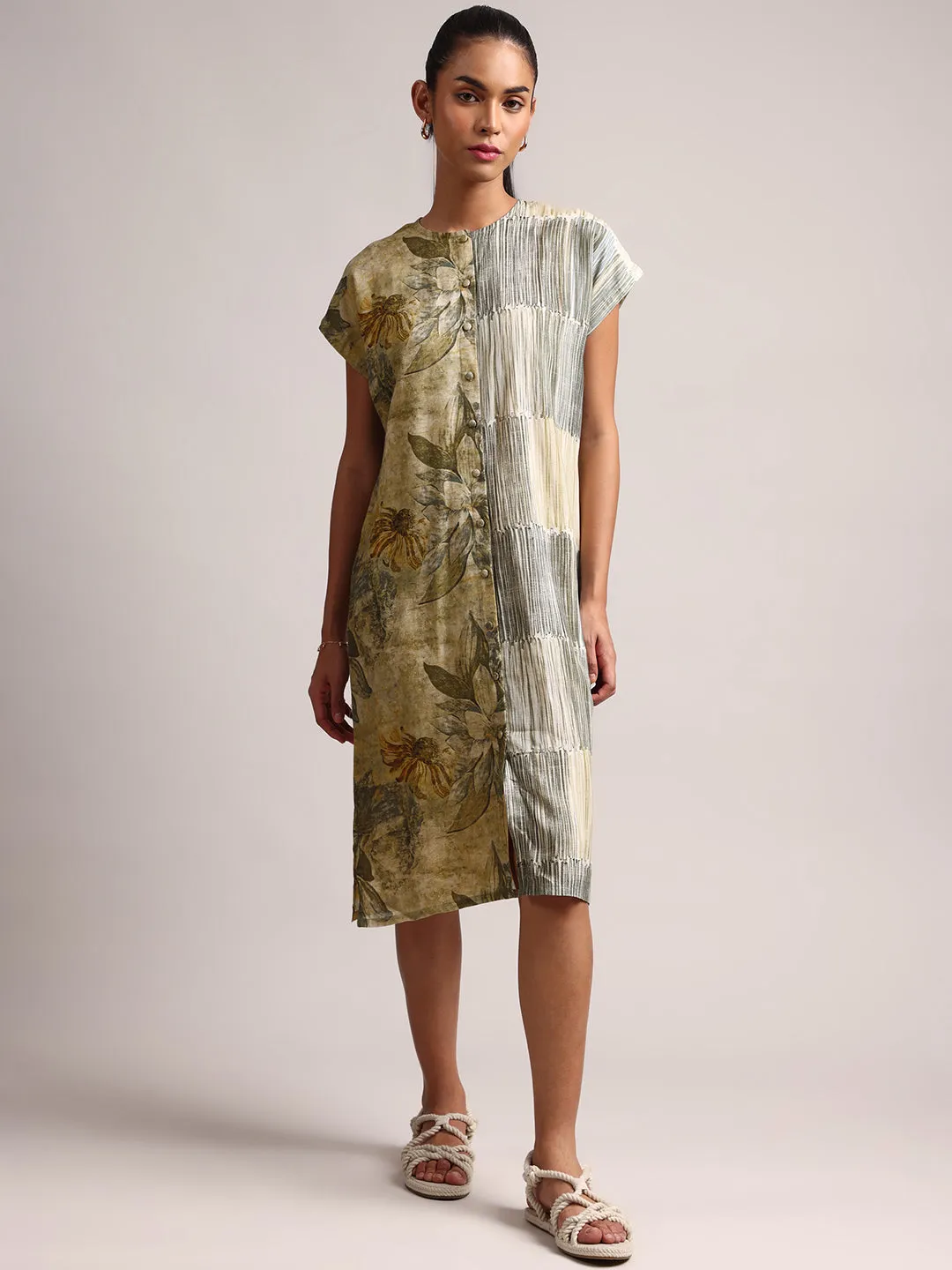 Olive Cotton Linen Floral Shirt Dress Dress