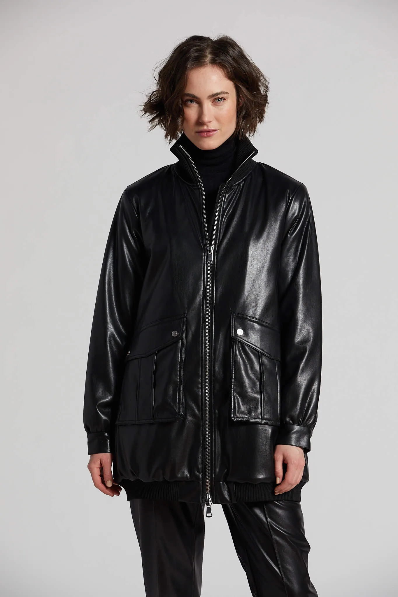 Petra Long Vegan Leather Bomber Jacket - Black