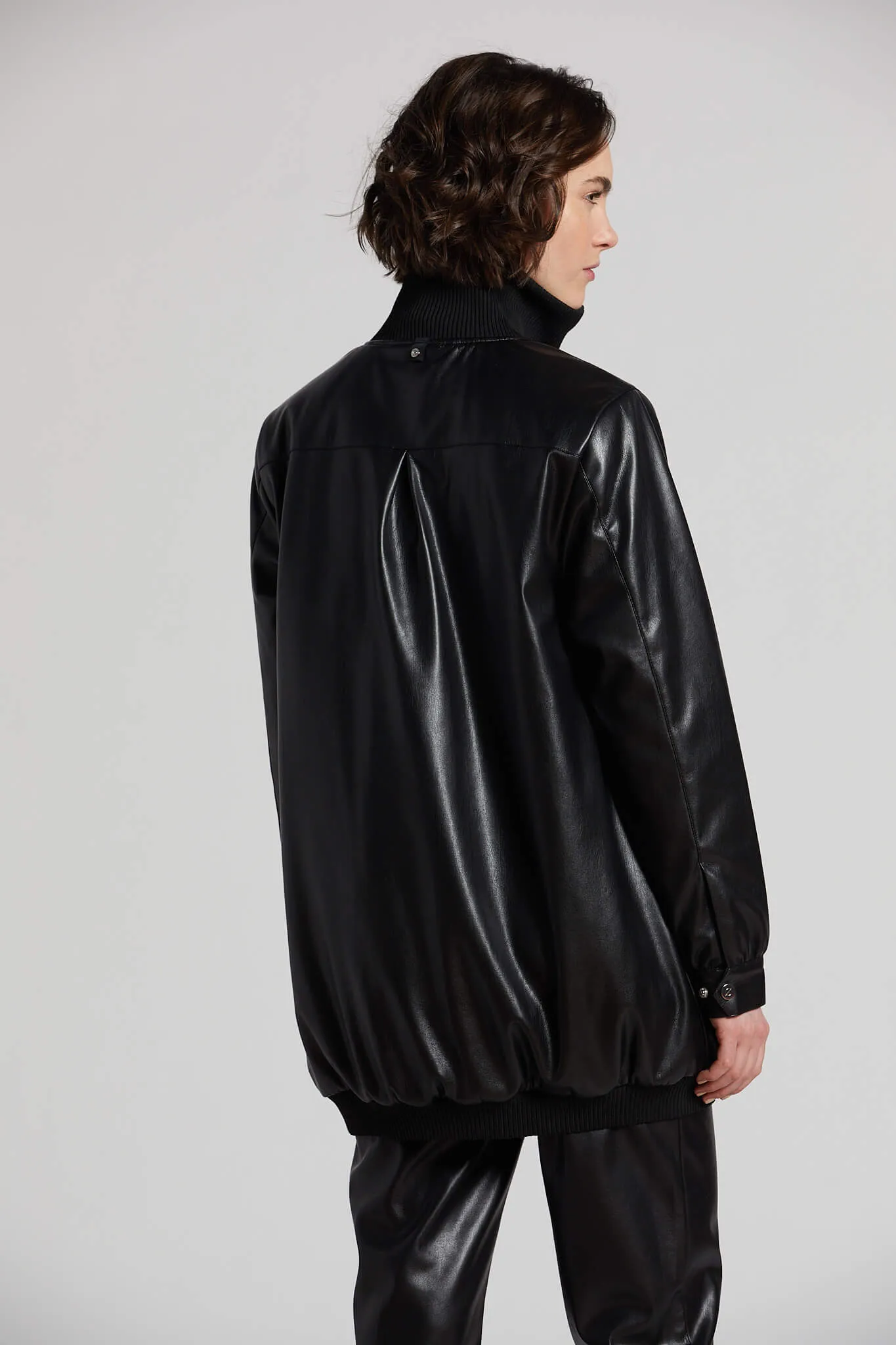 Petra Long Vegan Leather Bomber Jacket - Black