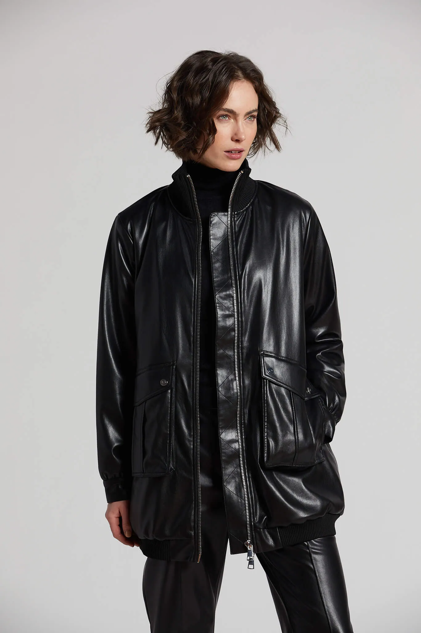 Petra Long Vegan Leather Bomber Jacket - Black