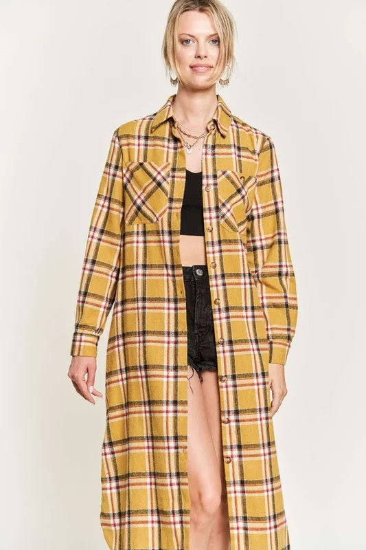 PLAID PRINT COLLAR LONG SHIRT DRESS PLUS