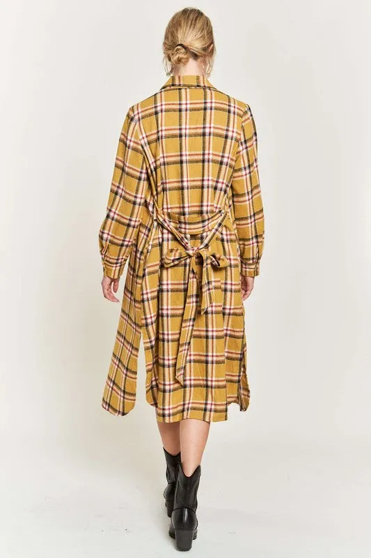 PLAID PRINT COLLAR LONG SHIRT DRESS PLUS