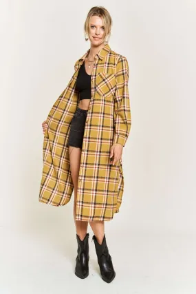 PLAID PRINT COLLAR LONG SHIRT DRESS PLUS