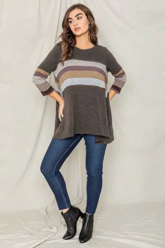 Plus Size Knit Stripe Panel A Line Tunic