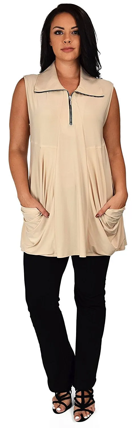 Plus Size Summer Sleeveless Tunic Shirt Top w/ Zipped Collar