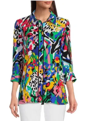 Printed Woven Wire Collar 3/4 Sleeve Contrast Trim Detail Button Down Tunic