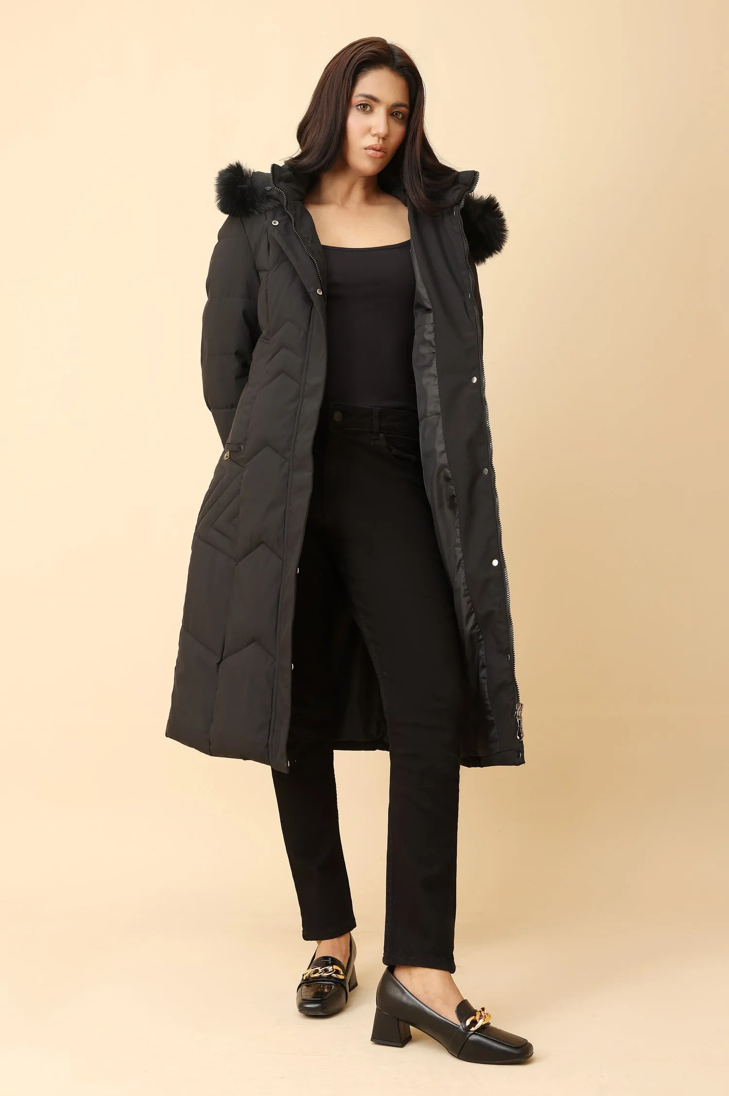 QUILTED LONGLINE JACKET-BLACK