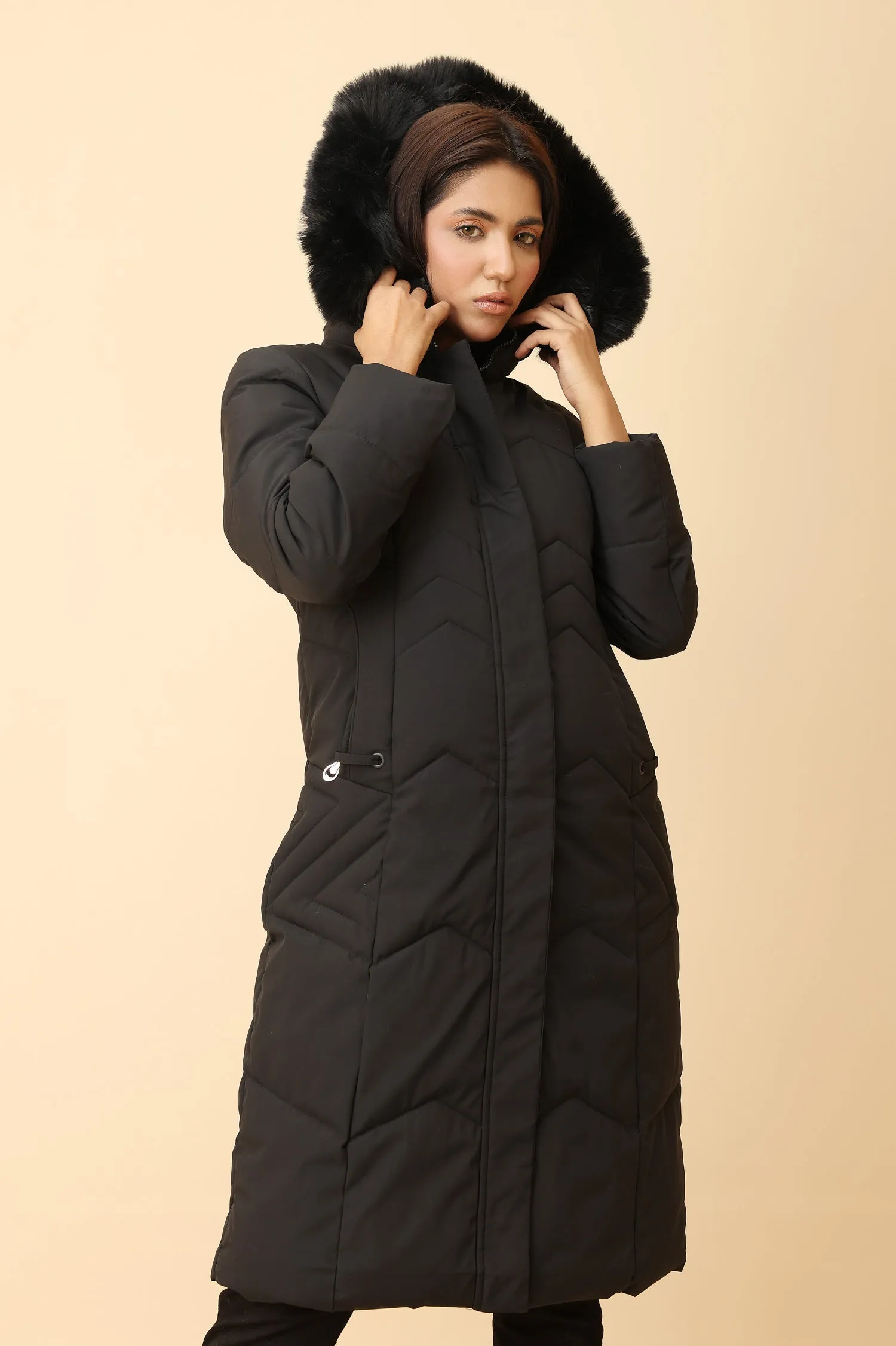 QUILTED LONGLINE JACKET-BLACK