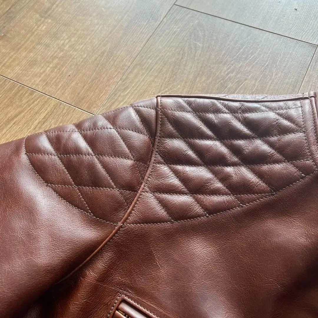 Quilted shoulder cafe racer leather jacket