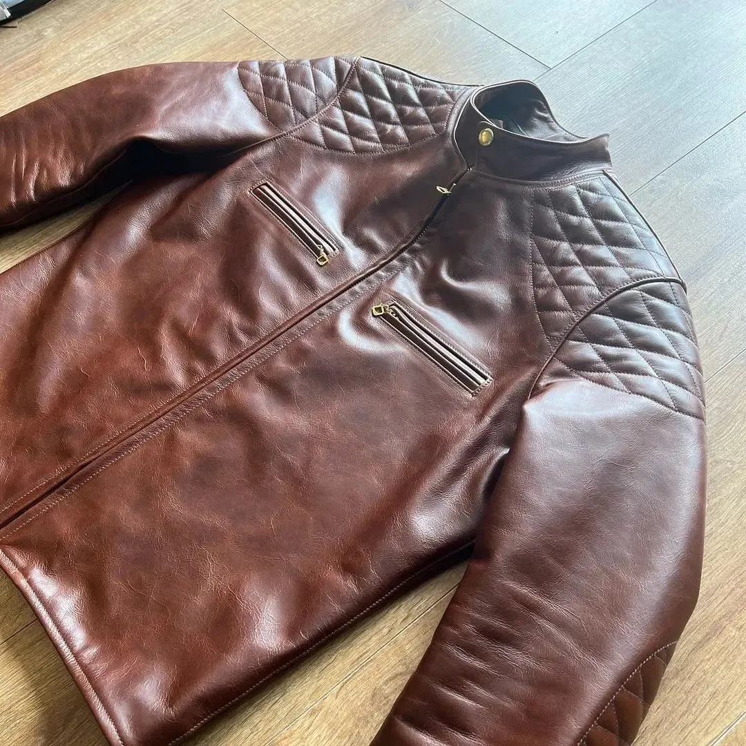 Quilted shoulder cafe racer leather jacket