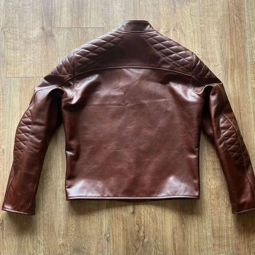 Quilted shoulder cafe racer leather jacket