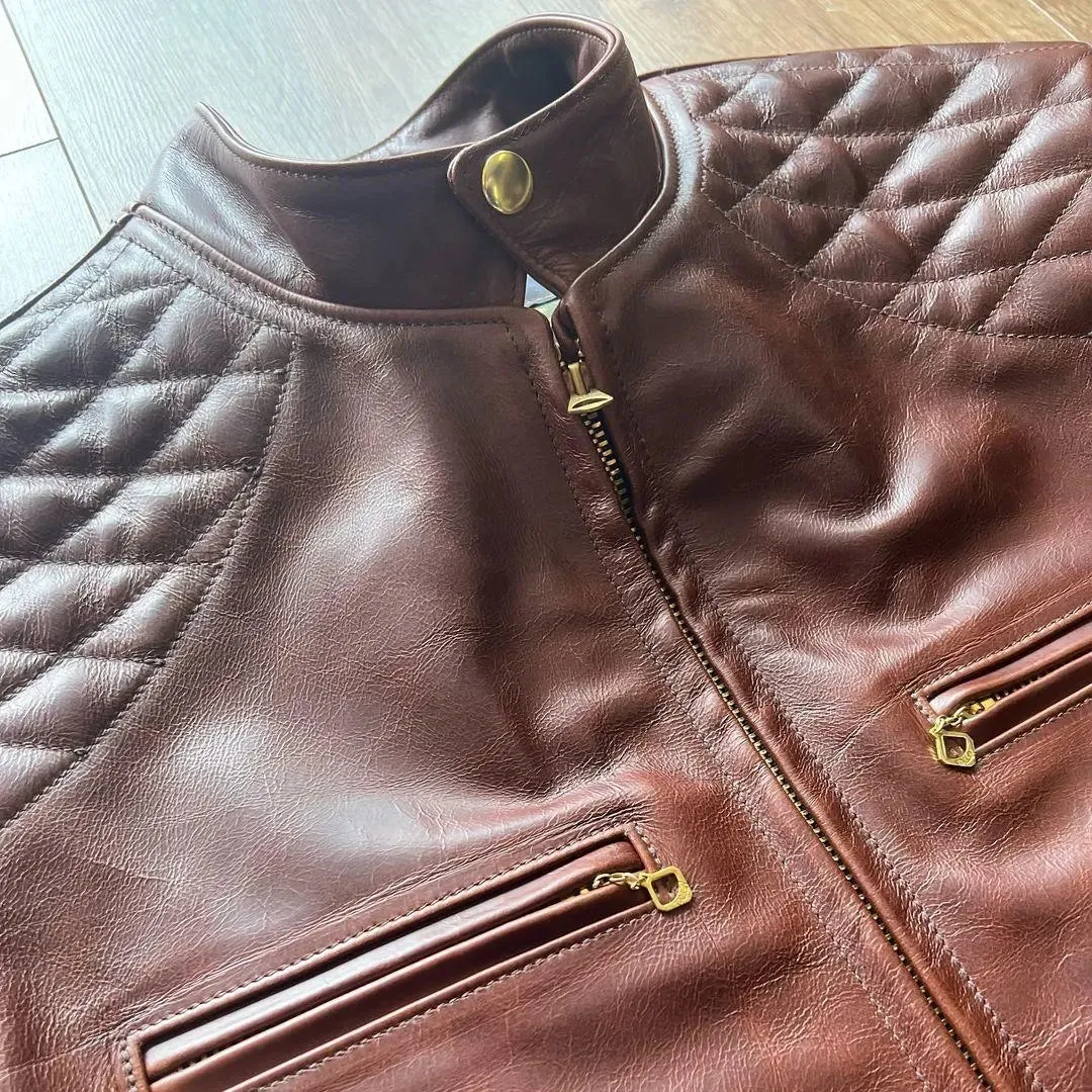 Quilted shoulder cafe racer leather jacket