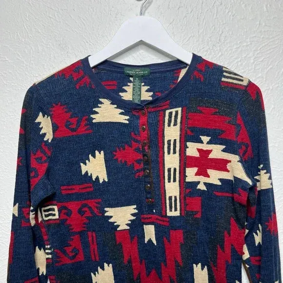 Ralph Lauren  Navy Red Aztec Long Sleeve Henley