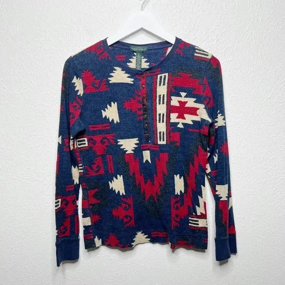 Ralph Lauren  Navy Red Aztec Long Sleeve Henley