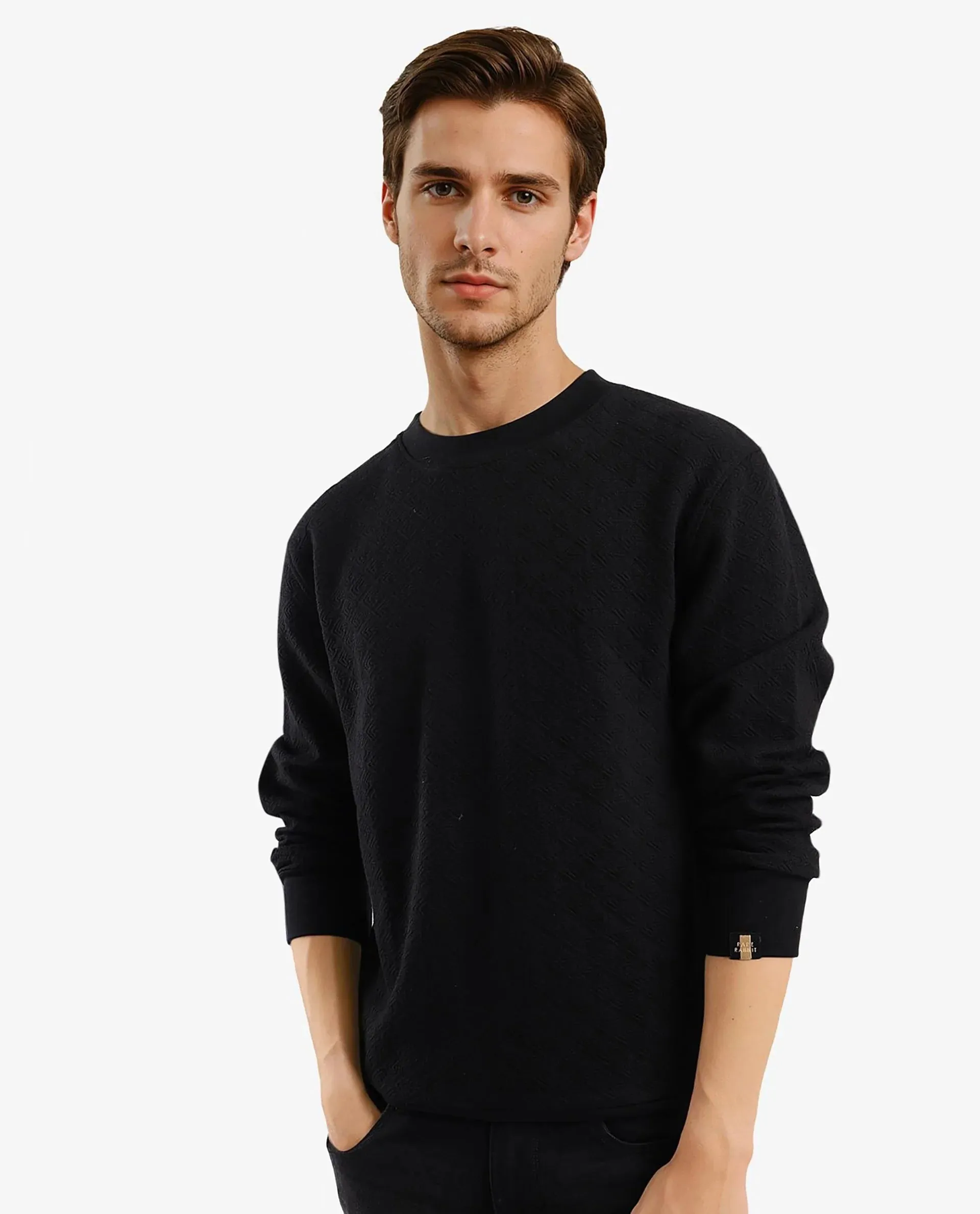 Rare Rabbit Men Sheild-2 Black Cotton Polyester Lycra Fabric Full Sleeve Crew Neck Regular Fit Jacquard Quilted Textured Sweatshirt