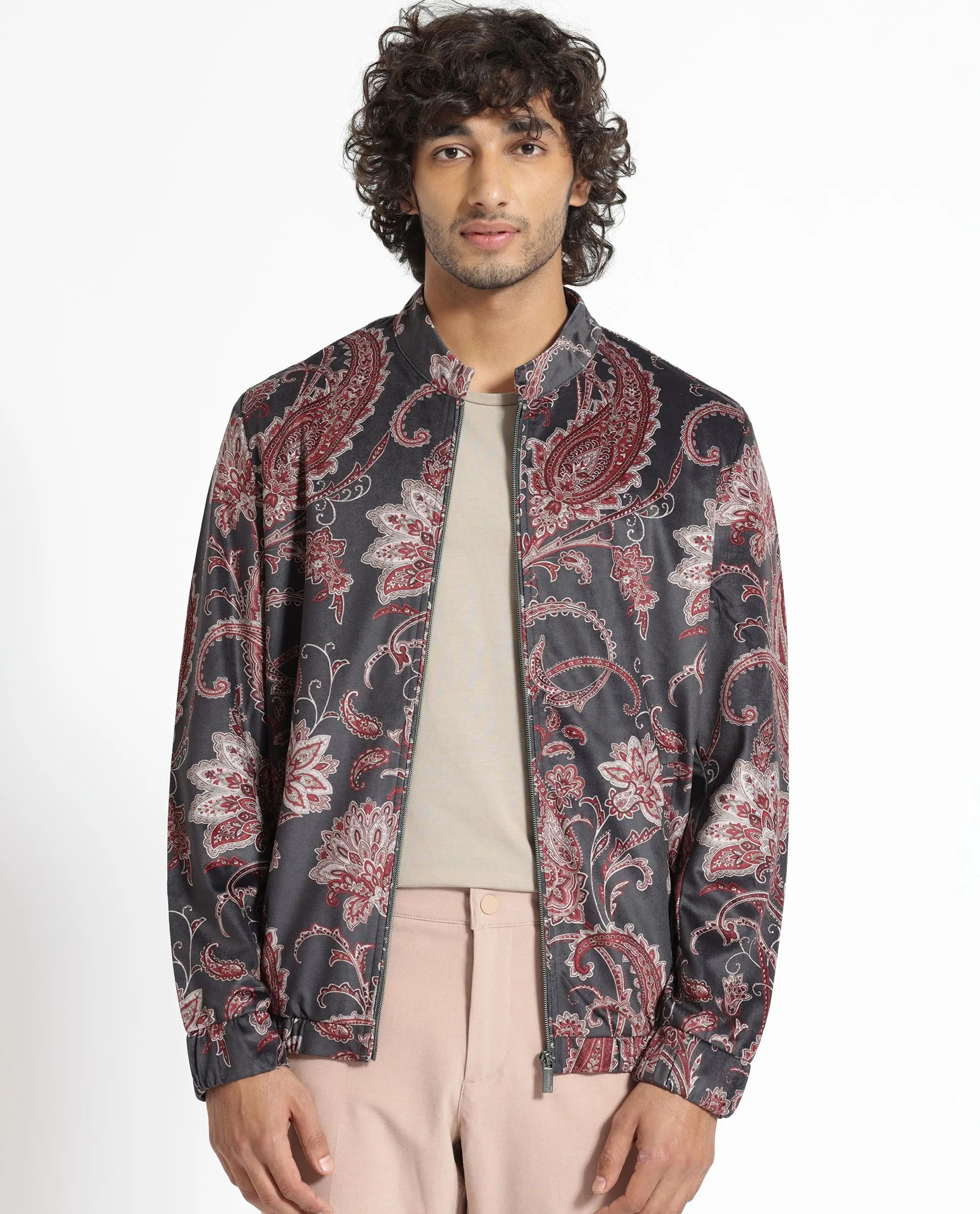 Rare Rabbit Men's Dalia Black Paisley Printed Velvet Smart Jacket