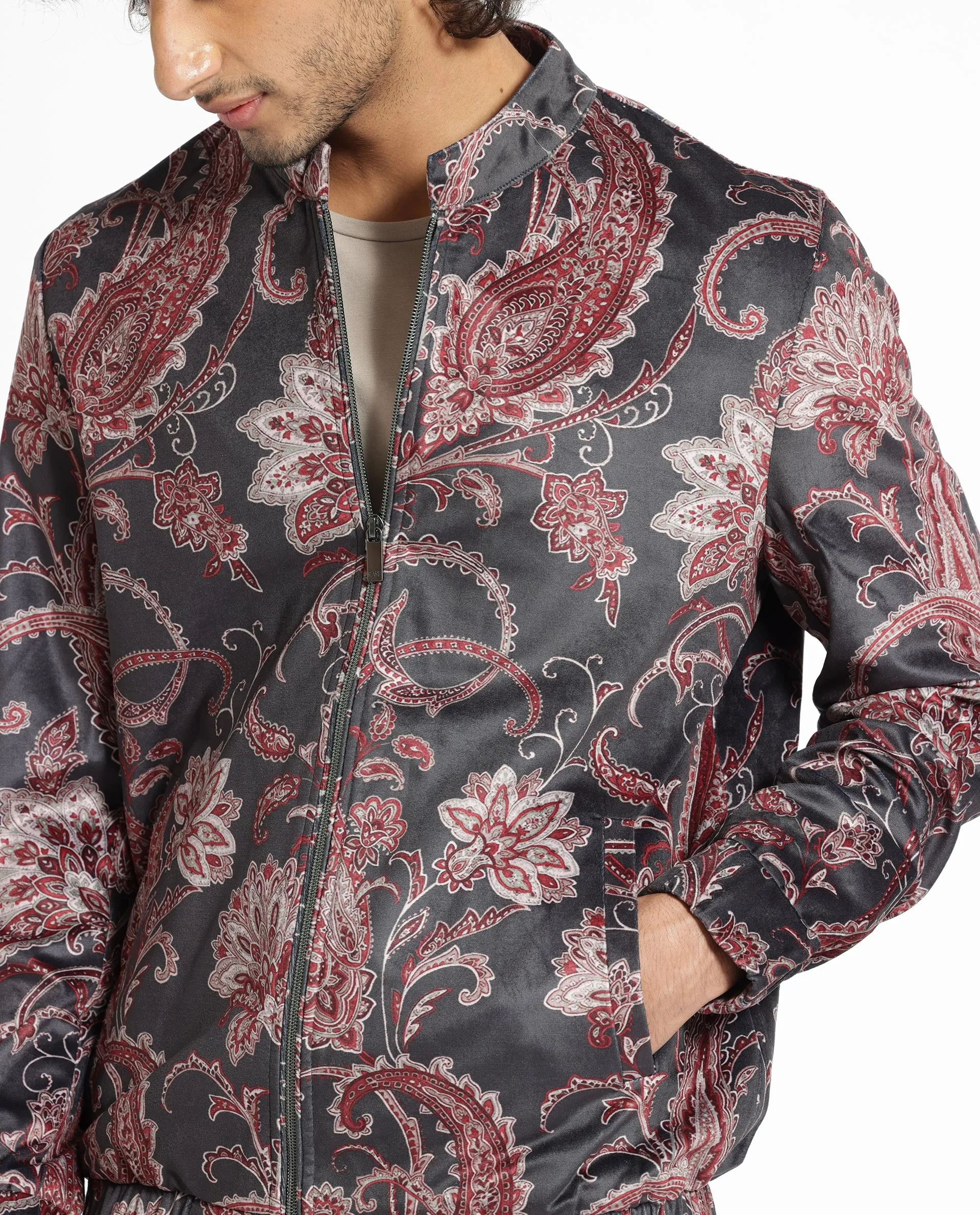 Rare Rabbit Men's Dalia Black Paisley Printed Velvet Smart Jacket