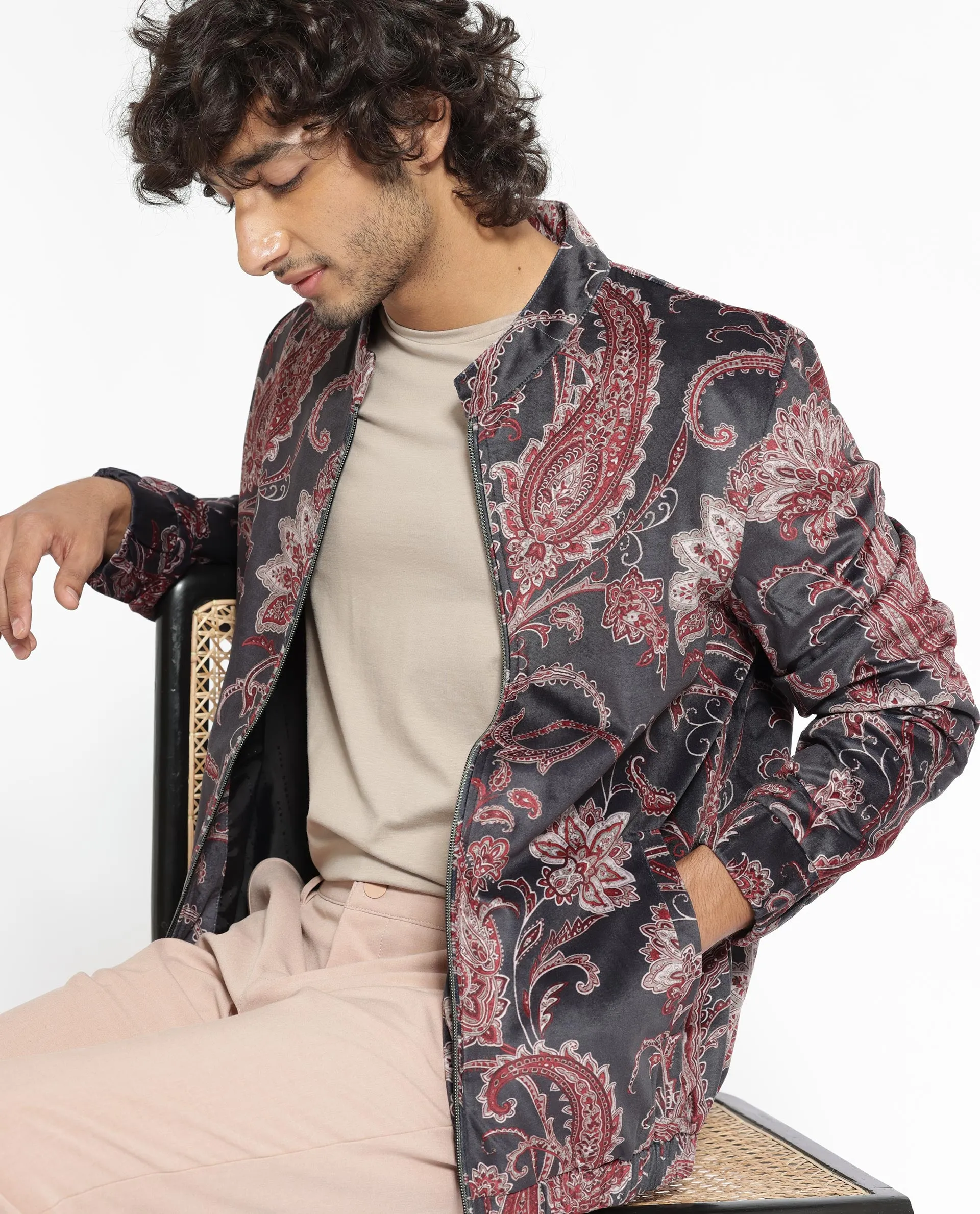 Rare Rabbit Men's Dalia Black Paisley Printed Velvet Smart Jacket