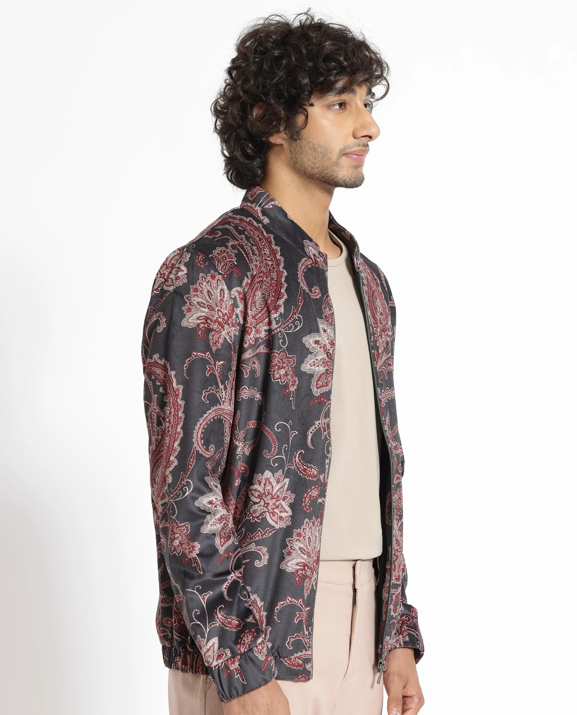 Rare Rabbit Men's Dalia Black Paisley Printed Velvet Smart Jacket