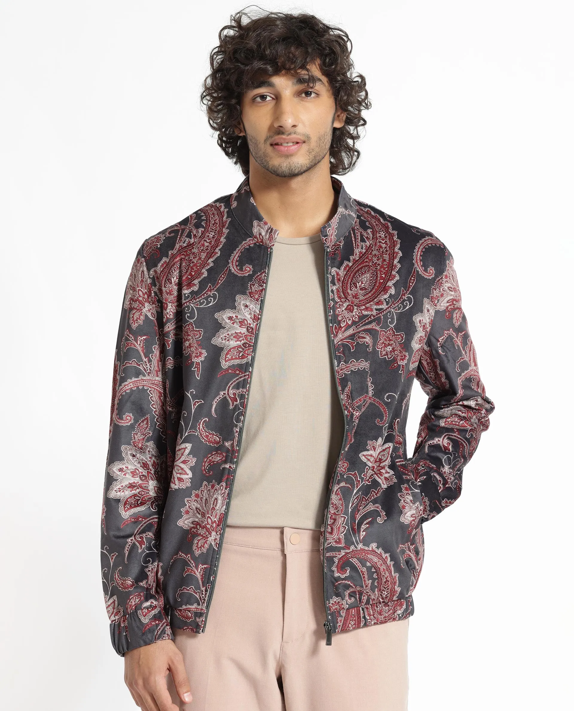 Rare Rabbit Men's Dalia Black Paisley Printed Velvet Smart Jacket